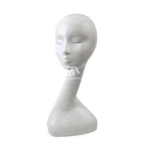 Foto de producto cabeza femenina de plástico con rostro, cuello curvado y medio busto en color blanco