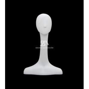 Foto de producto de frente cabeza femenina de plástico con cabello, cuello muy alargado y medio busto en color blanco