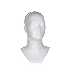 Foto de producto cabeza masculina de poliespán con rostro, cuello y medio busto en color blanco