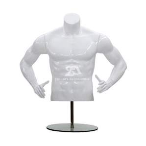 Foto de producto busto masculino de fibra musculado con brazos y sin cabeza color blanco brillo