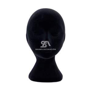 Foto de producto de frente cabeza femenina de poliespán acabado en terciopelo con rostro y cuello en color negro