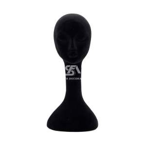 Foto de producto de frente cabeza de poliespán acabado en terciopelo con rostro y cuello muy alargado en color negro