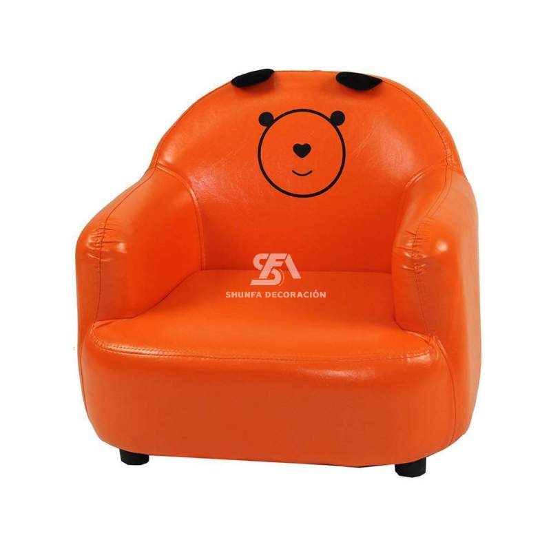 Sillón infantil con orejas 55x55x50cm, cara de peluche y reposabrazos, tapizado en piel color naranja