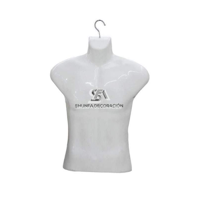 Foto de producto busto masculino con gancho de percha sin cabeza y brazos de plástico blanco