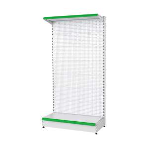 Estantería comercial panel perforado 2 estantes blanca portaprecio verde