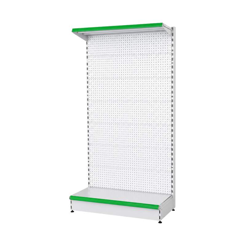 Estantería comercial panel perforado 2 estantes blanca portaprecio verde