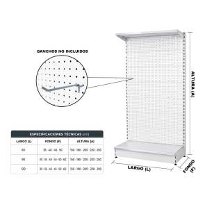 Medidas estantería comercial panel perforado 2 estantes blanca