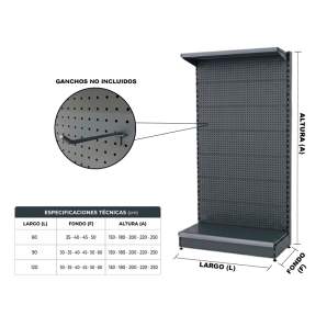 Medidas estantería comercial panel perforado 2 estantes gris