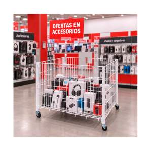 Idea de uso en tienda de cesta metálica blanca desmontable con ruedas